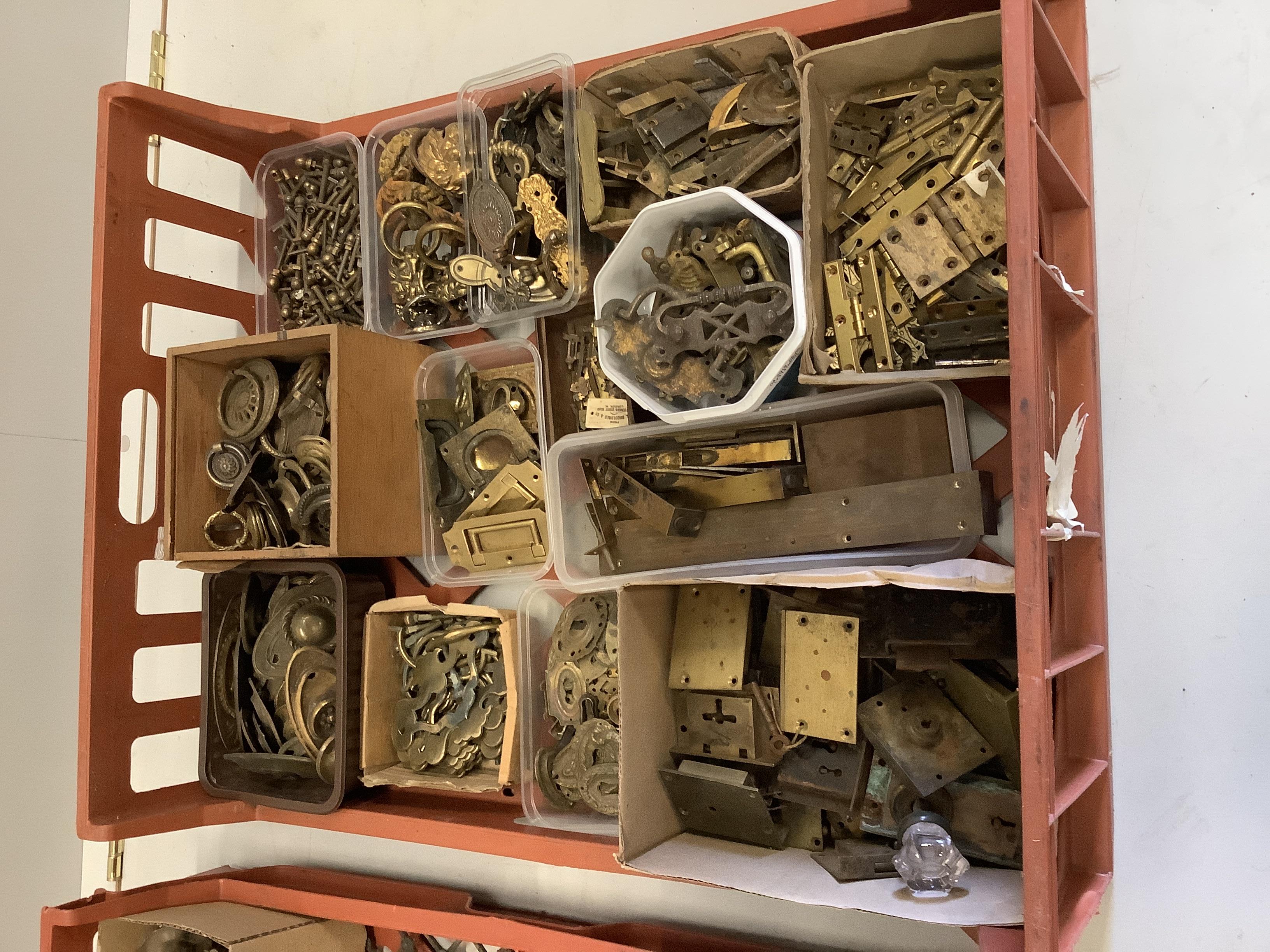 A quantity of assorted furniture mounts, handles locks and fittings, etc.
